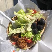 Falafel pita (vegan version: wheat pita with no cheese)  at On the Street Pitas in Ithaca