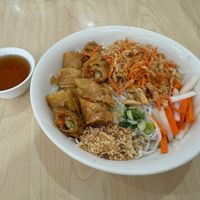 BÚN BÌ CHAY CHẢ GIÒ CHAY - rice vermicelli with veggie tofu mix and veggie eggrolls (sauce was also vegan) at Pho Fusion in San Diego