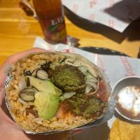 Falafel burrito, made vegan without cheese and sour cream (and they added avocado!) it was huge and delicious!! They serve beer and nachos with fresh made guacamole here too at Macho Grill in Jeju