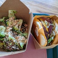 Side of roasted broccoli & mushroom XO, plus cheezeburger at BeetBox in Vancouver