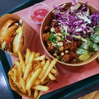 Burger with Cheeze & Crispy Cauliflower Bowl - so good!   at BeetBox in Vancouver