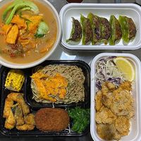 Vegan ramen, vegan plate, veg gyōzas and battered oyster mushrooms at Sober Ramen in Geelong