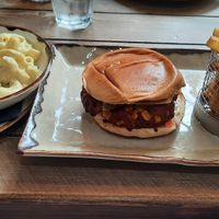Corn burger with fries and a side of vegan mac & cheese at Fancy Hank's in York
