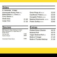 Sides, sauces and extras. (V) Signifies vegan. at Carholme Chippy in Lincoln