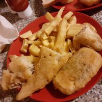 the 'fish' is so different that we had half of each to experience it- the banana blossom was probably my favourite- also pictured is half a vegan battered sausage that was only £1 at Carholme Chippy in Lincoln