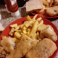 the 'fish' is so different that we had half of each to experience it- the banana blossom was probably my favourite- also pictured is half a vegan battered sausage that was only £1 at Carholme Chippy in Lincoln