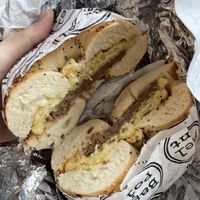 All vegan “egg-cheese-sausage” bagel (sausage is beyond meat)  at Bagel Point in Brooklyn