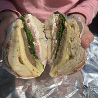 Regular everything bagel, vegan egg and sausage, tofu cream cheese, onion, cucumber and tomato!   at Bagel Point in Brooklyn