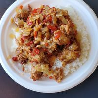Tofu ribs and rice at Vegwood in Toronto