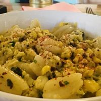 Zucca pasta - brown butter sauce with corn and nori  at Somebody People in Denver