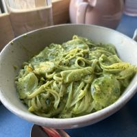 Al dente pasta with pistachio pesto and hakurei turnips  at Somebody People in Denver