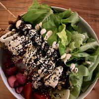 Vegetable grill, kebab of lions, mane, mushroom, and cabbage  at Somebody People in Denver