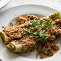 
The Rotolini is pasta filled with a purred mushroom Bolognese with almond ricotta, spinach, and garlic bread crumbs. at Somebody People in Denver