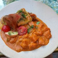 Tandoori sweet potato curry with herb focaccia at Bleu Canard in Lille