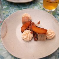 Coconut cake with peach instead of the "vegan" option that wasn't actually vegan (coconut cake, dango, soy caramel, currants) at Bleu Canard in Lille