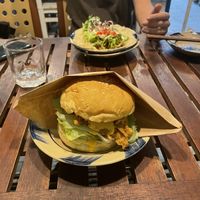 kfc mushroom burger featuring kfc mushroom taco in the background   at Khong Vegan Restaurant  in Da Nang