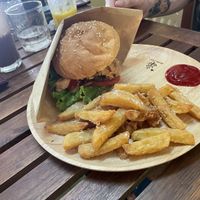 KFC mushroom burger with added French fries   at Khong Vegan Restaurant  in Da Nang