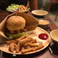 Jackfruit burger and noodle salad  at Khong Vegan Restaurant  in Da Nang