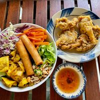 KFC fried mushrooms and Bún Chả Giò at Khong Vegan Restaurant  in Da Nang