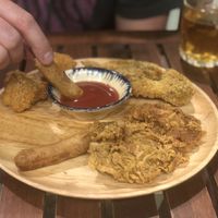 Platter with cauliflower wings, KFC Mushrooms and crispy tofu  at Khong Vegan Restaurant  in Da Nang