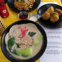 peanut noodles (top), crispy broccoli (right) and peanut noodle soup (bottom) at Khong Vegan Restaurant  in Da Nang