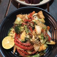 A noodle dish with Japanese sauce (very tasty!)   at Khong Vegan Restaurant  in Da Nang