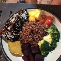 Rice dish which wasn’t amazing. Everything was cold except the tofu (which itself was delicious actually)  at Khong Vegan Restaurant  in Da Nang