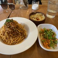 Spaghetti with soya mince, a humous plate, and side salad  at Gabo Kitchen in Ankara