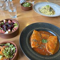Mushroom cream pasta, Jewish meatballs, side salad and beet salad.   at Gabo Kitchen in Ankara