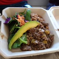 Jazmine Rice Congrí with Picadillo de Lentejas, Avocado & Baby Spinach salad at Mama Pacha in San Juan