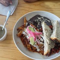Chilaquiles rojos with chorizo at Choclo y Maíz Cocina Vegana in Guadalajara