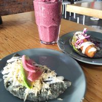 Quesadilla, taco, smoothie at Choclo y Maíz Cocina Vegana in Guadalajara