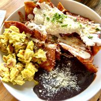 Chilaquiles with eggs  at Choclo y Maíz Cocina Vegana in Guadalajara