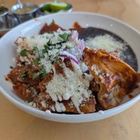 Red chilaquiles at Choclo y Maíz Cocina Vegana in Guadalajara