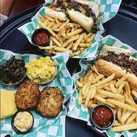 "Broad St Bullies" (Cheesesteaks) and the "Phyllis Hyman" (Krab Cake platter) at Go Vegan Philly in Wilmington