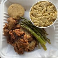 Teddy P with cornbread, Mac & cheese, and asparagus  at Go Vegan Philly in Wilmington