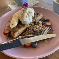 Vegan buckwheat waffles. Sickly sweet, couldn’t eat them.   at Byron Corner Store in Byron Bay