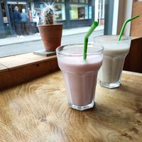 Strawberry & Coconut Smoothie and Banana & Peanut Butter Smoothie at Okra in Shrewsbury