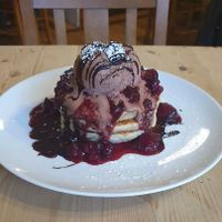 Choc berry pancake stack. Vegan. at Foxes Cafe Lounge in Carlisle