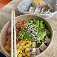 Vegan bowl + veggie gyoza in the background  at Bowls in Edinburgh