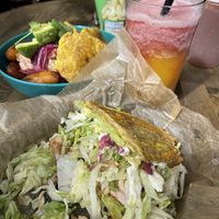 Jibarito with jackfruit, Vegan bowl, fruit juice  at Mayo Ketchup in St Louis