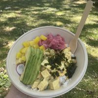 poke bowl w/ pink ginger, mango, avo, tofu, radishes & wasabi nuts 🌶  at Waikiki Poke Bowl in Kassel