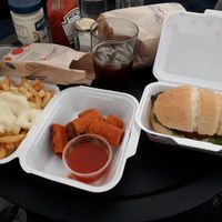 Fries with vegan mayo, vlammetjes, zeekraalburger at Snackpoint Bolderberg in Heusden-zolder