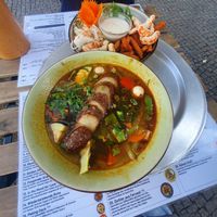 Soup with vegan duck and vegan shrimps with sweetpotatoe-fries 👌 at Element Five in Berlin