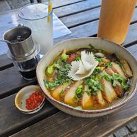 #49 with seitan duck. Sup Mien. Iced vietnamese coffee (super sweet, maybe ask not so sweet) at Element Five in Berlin