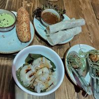 Cheesy corndog, seitan pancake rolls, tempura soy balls and steamed dumplings  at Element Five in Berlin