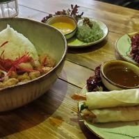 Lunch special (on left) with three tapas items. Vietnamese Coffee (which was really good) hidden on left. at Element Five in Berlin