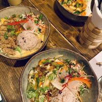 Three of the main dishes and mango lassis  at Element Five in Berlin