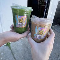 Marigold macadamia nut milk matcha and strawberry soy latte   at Ultreya Coffee and Tea in San Diego