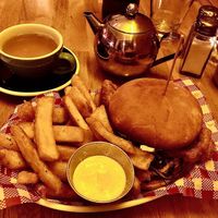 Cod burger with fries at Mockingbird in Wellington